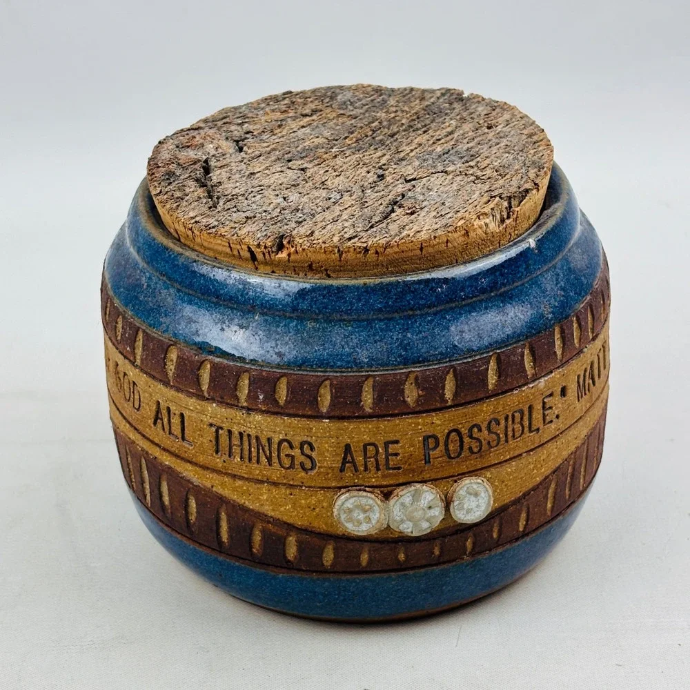 Down to Earth Pottery‎ Blue Brown Jar Cork Lid With God All Things Are Possible
